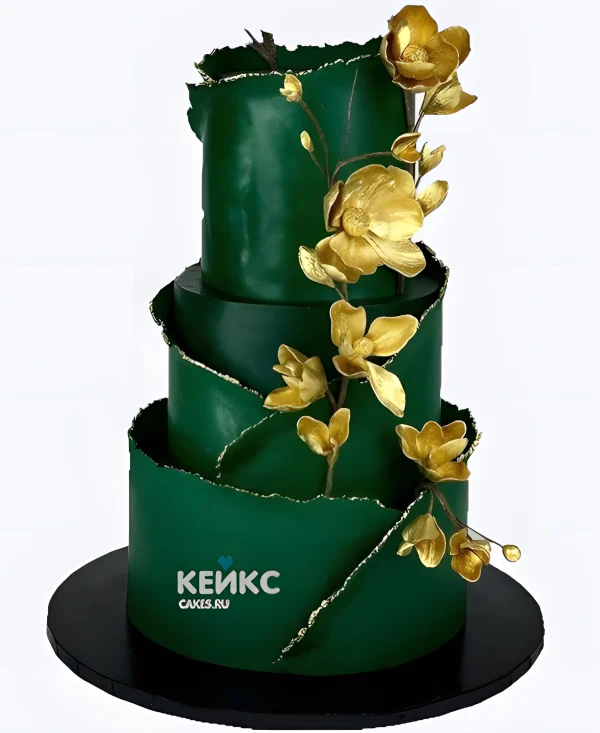 Большой изумрудный торт с золотыми цветами Фото