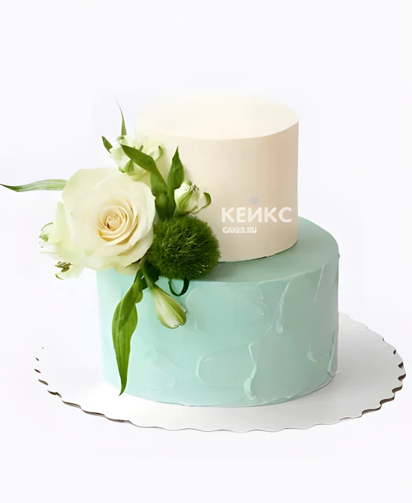 Большой торт на бирюзовую свадьбу с цветами Фото
