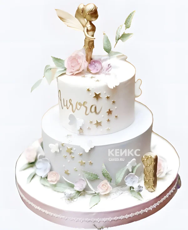 Двухъярусный белый торт с феей и розами Фото