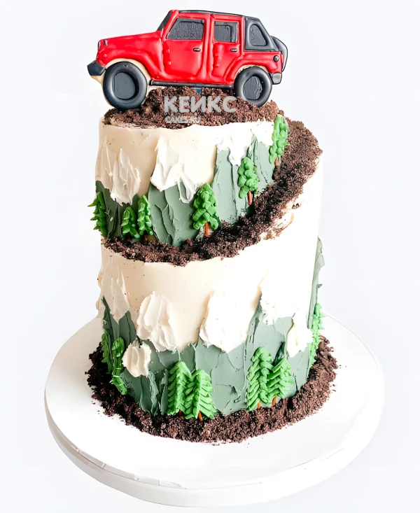 Двухъярусный торт Джип в лесу Фото