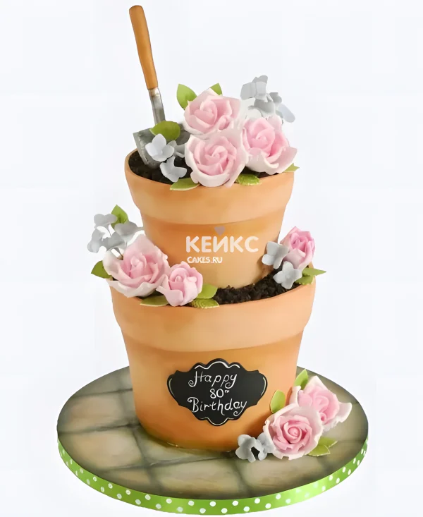 Двухъярусный торт огород в виде горшка с цветами Фото