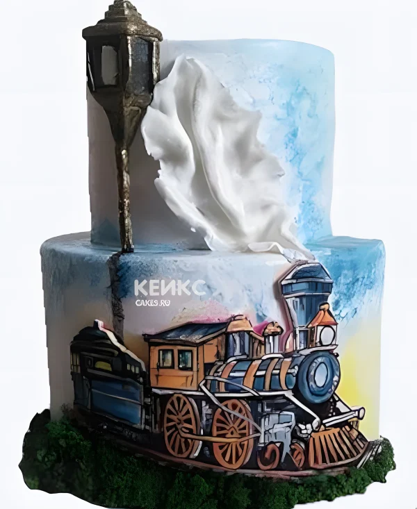Двухъярусный торт с паровозиком и фонарем Фото