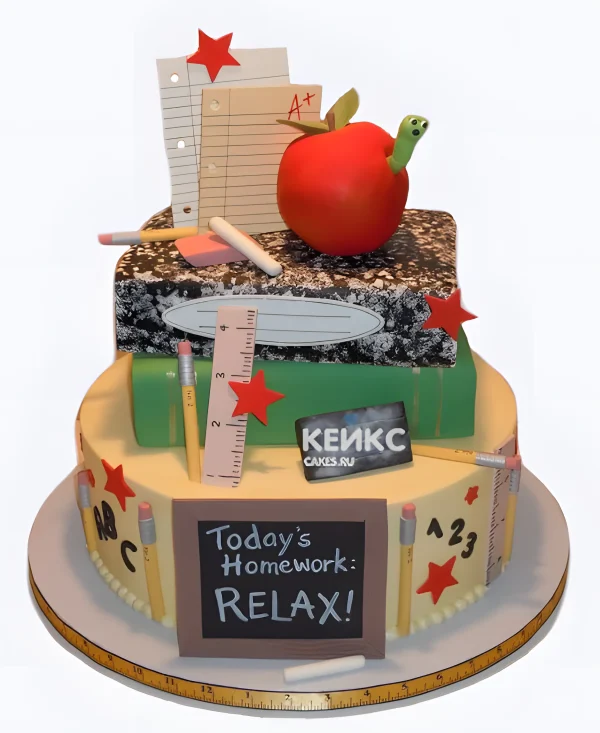 Двухъярусный торт в 11 класс с книгами и яблоком Фото