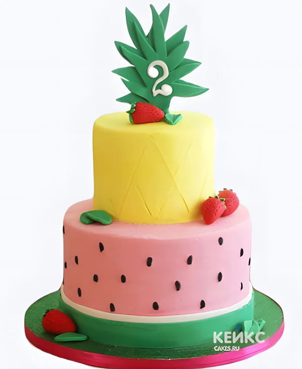Двухъярусный торт в виде фруктов и ананаса Фото