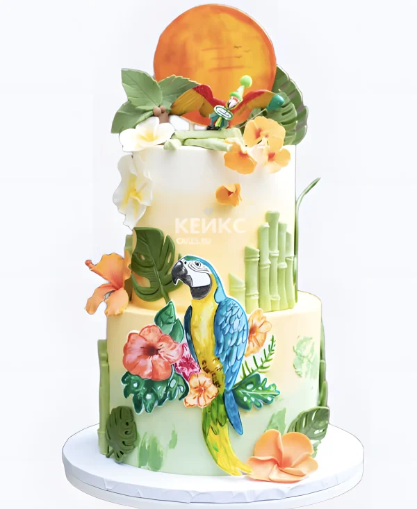 Двухъярусный высокий торт с попугаем Фото