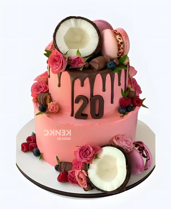 Эффектный шоколадный торт девушке на 20 лет с кокосом и ягодами Фото