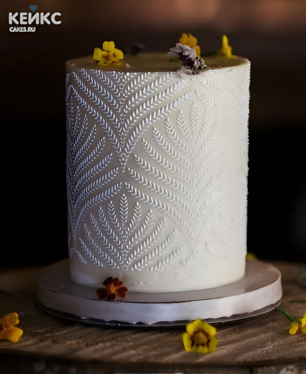 Эстетичный торт с рисунком на фасаде и желтыми цветками Фото