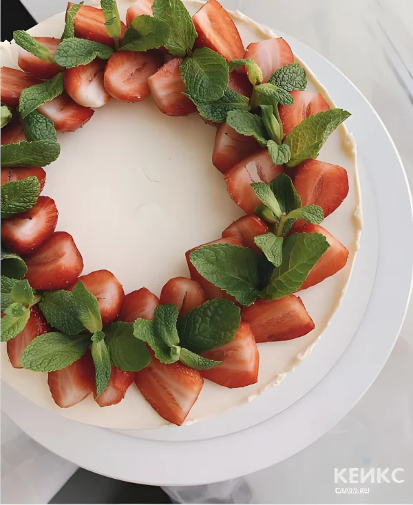 Эстетичный торт с венком из клубники и мяты Фото