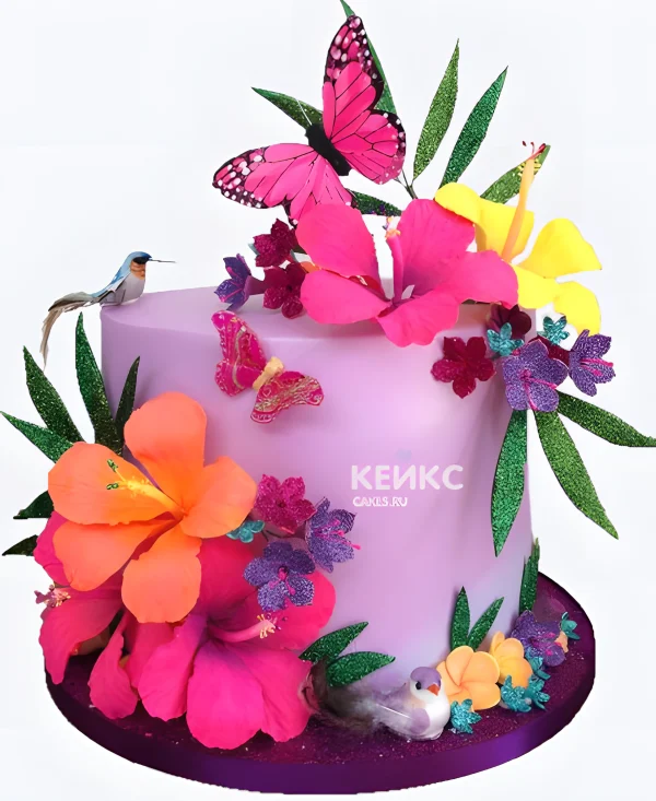 Фиолетовый летний торт с цветами и бабочками Фото