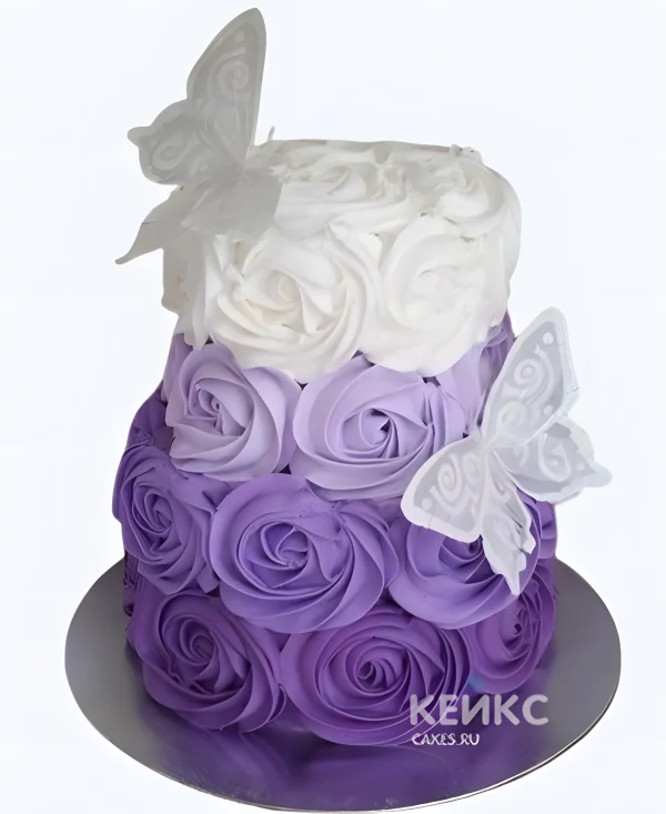 Фиолетовый торт с рюшами и бабочками Фото