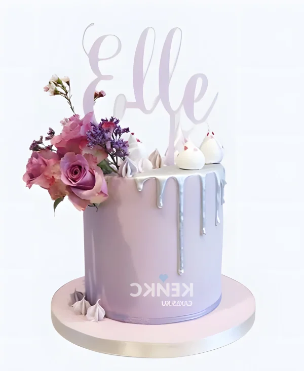 Лавандовый торт с розами и серебряными подтеками Фото