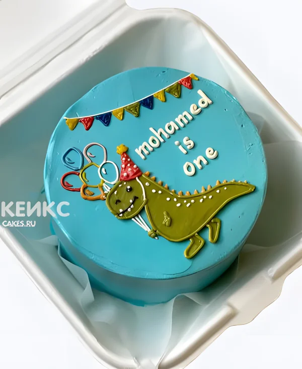 Голубой бенто торт с динозавром и надписью Фото