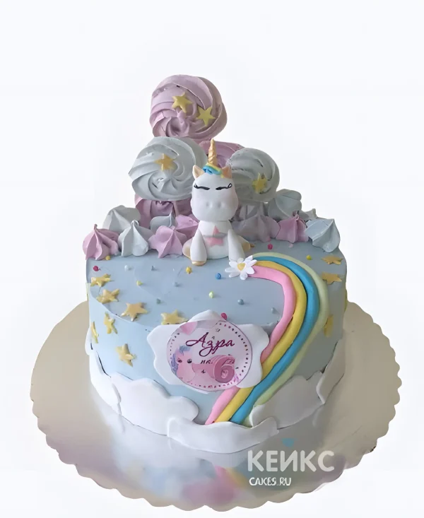 Голубой торт из крема с единорогом и безе Фото