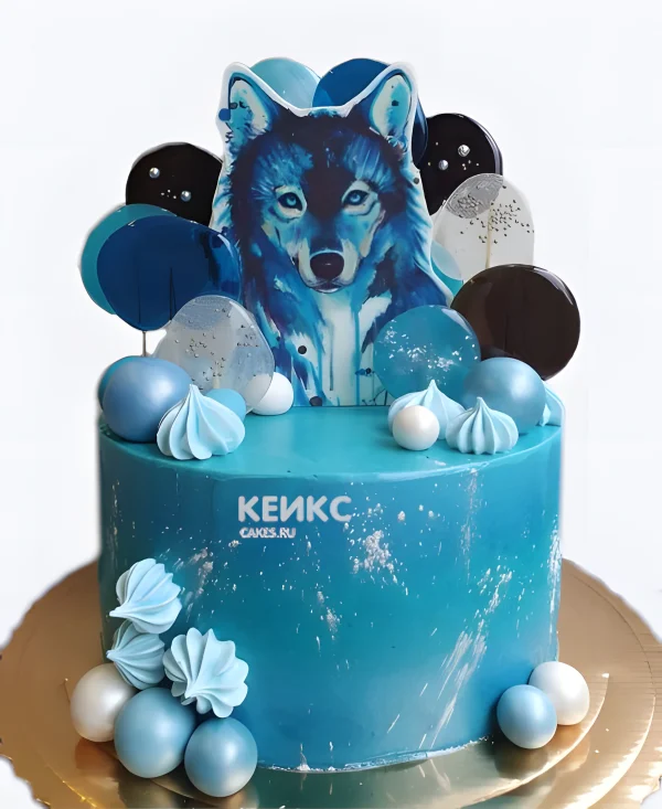 Голубой торт с волком и леденцами Фото
