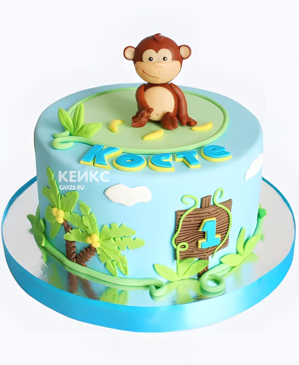 Яркий бирюзовый торт с обезьянкой Фото
