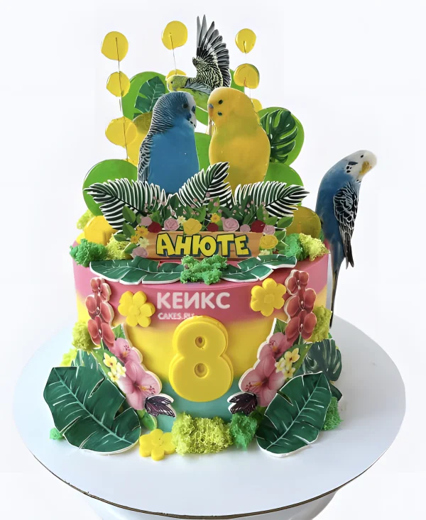 Яркий торт с попугаями для девочки Фото