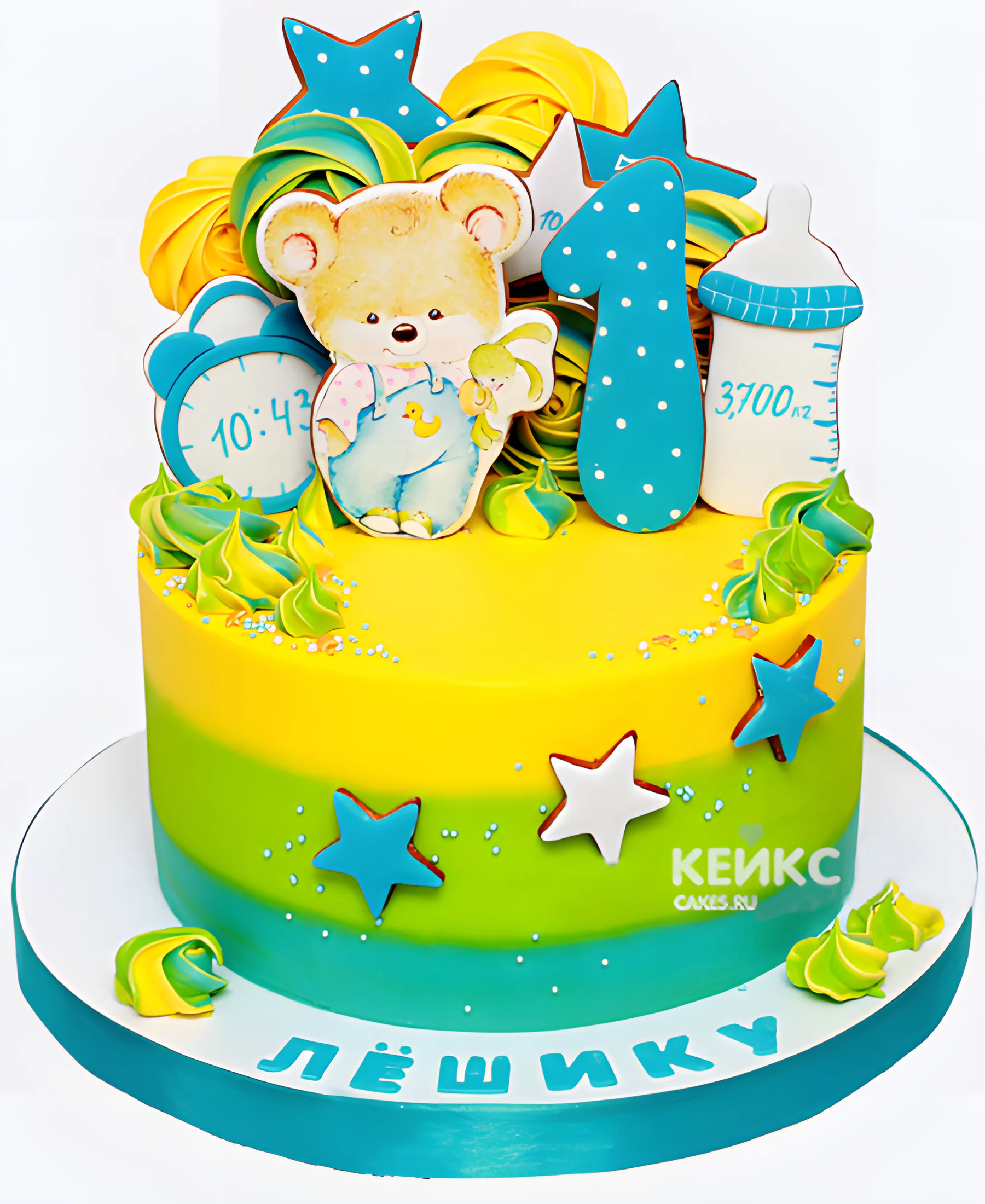 Яркий торт для мальчика без мастики с метрикой и фигурками Фото