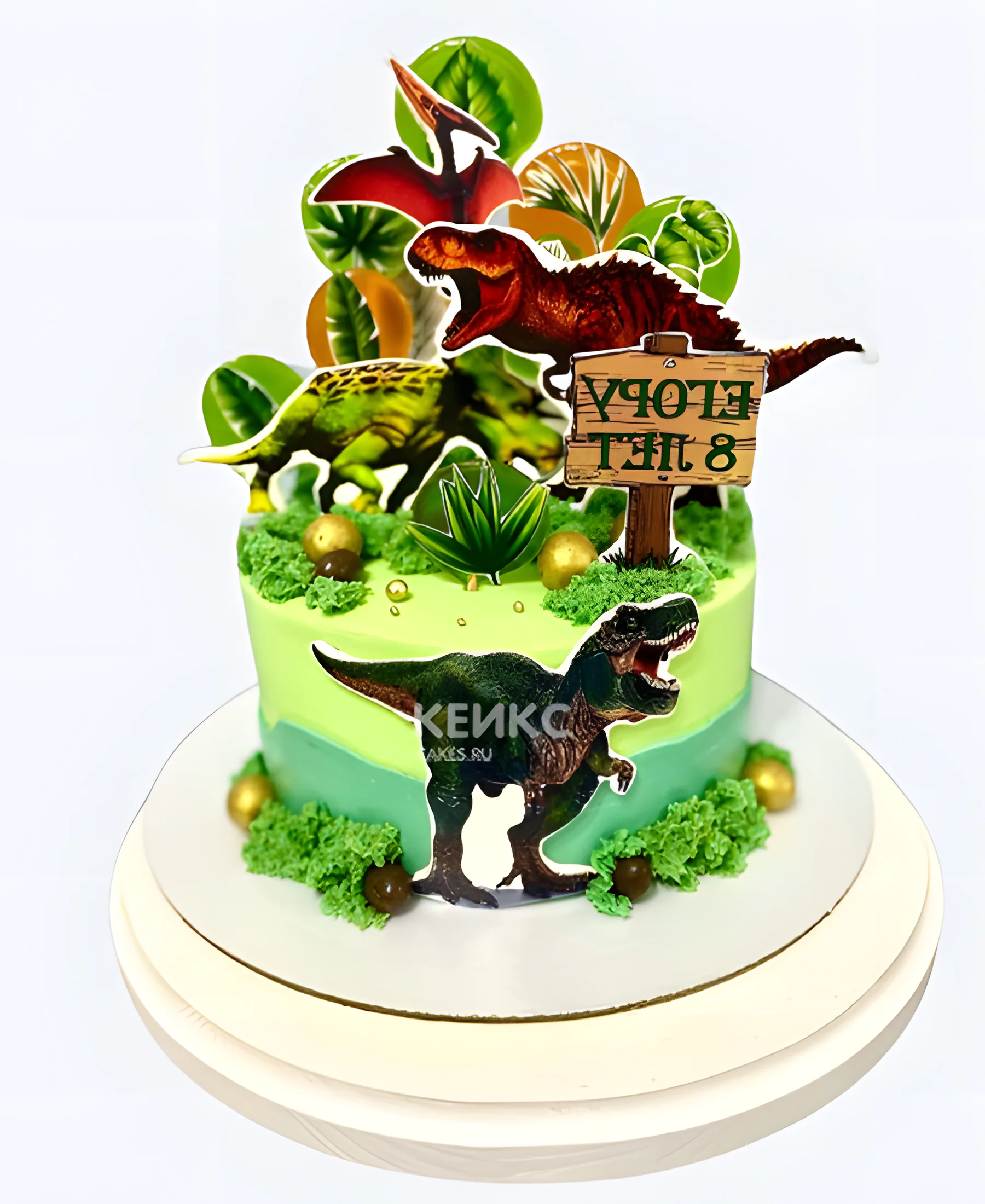Яркий торт мальчику на 8 лет с динозаврами Фото