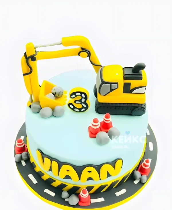 Яркий торт с машиной трактор и цифрой 3 Фото