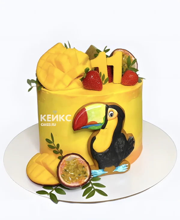 Яркий желтый торт с попугаем Фото