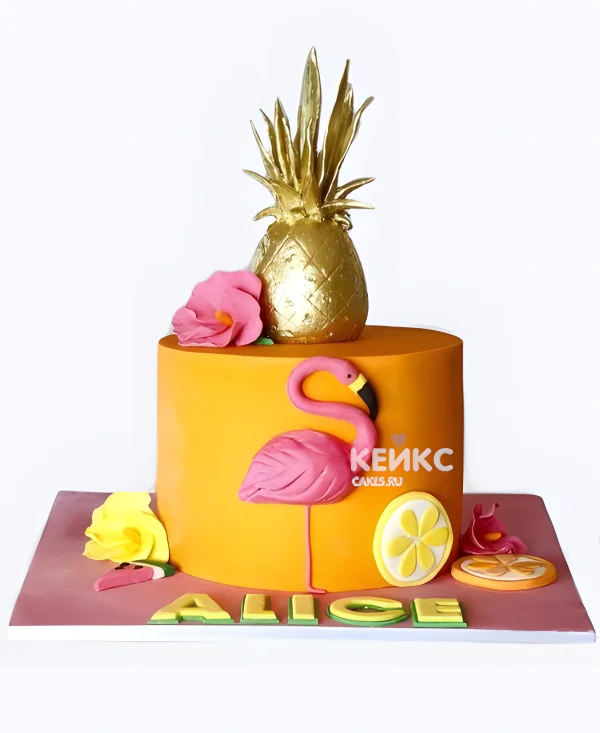 Ярко-оранжевый торт с фламинго и ананасом Фото