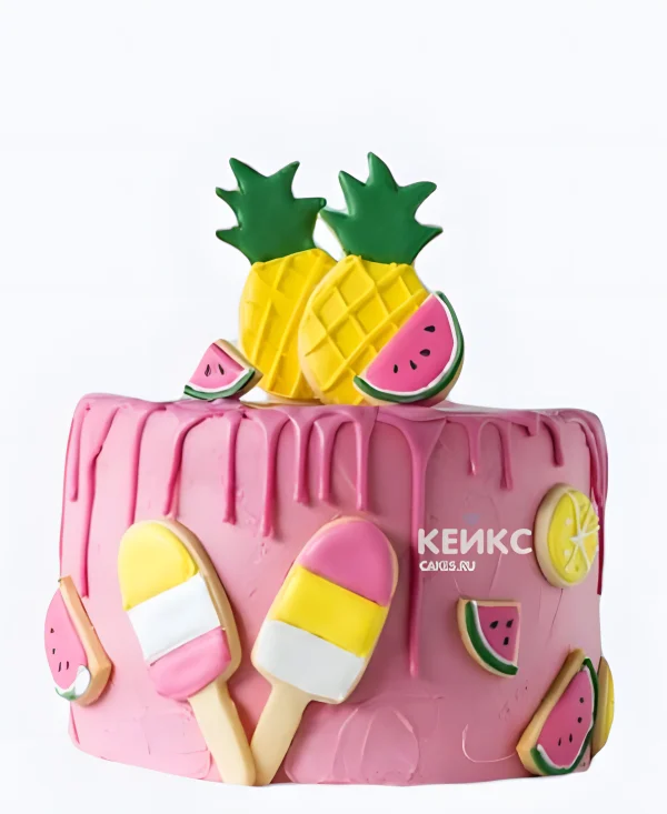 Ярко-розовый торт с ананасом Фото