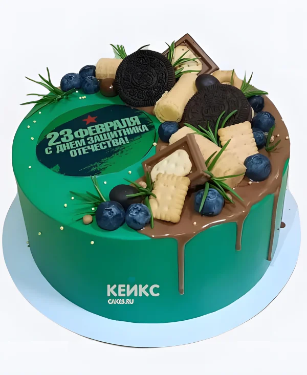 Ярко-зеленый торт на 23 февраля с табличкой Фото