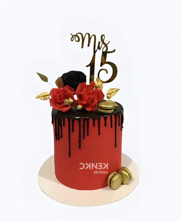 Изящный красный торт с топпером и розами Фото