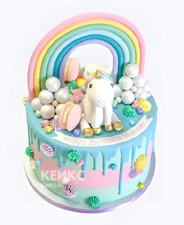 Красивый торт с единорогом и макарон Фото