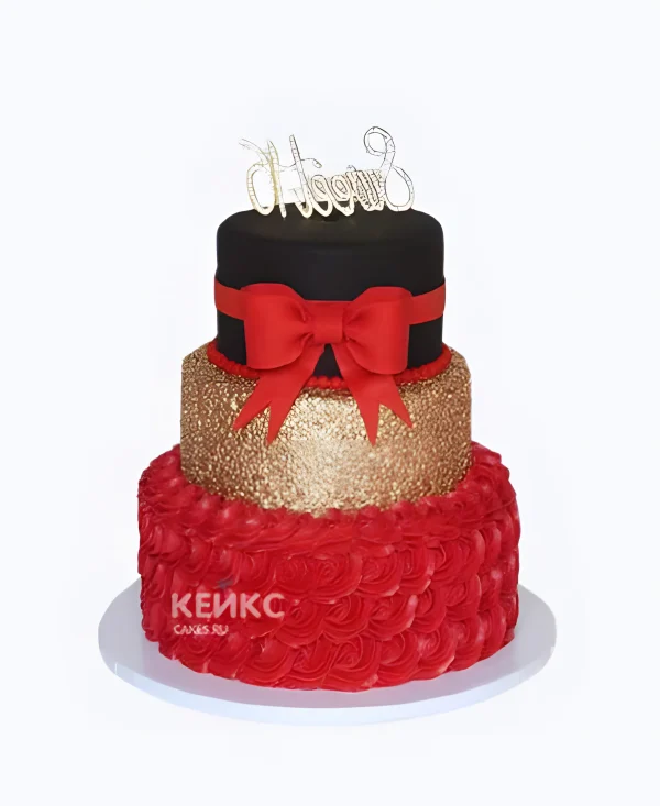 Красный шикарный торт с рюшами и бантом Фото