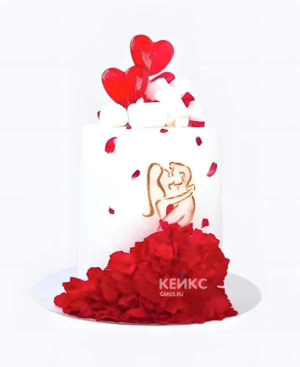 Красный торт с рюшами и маршмэллоу Фото