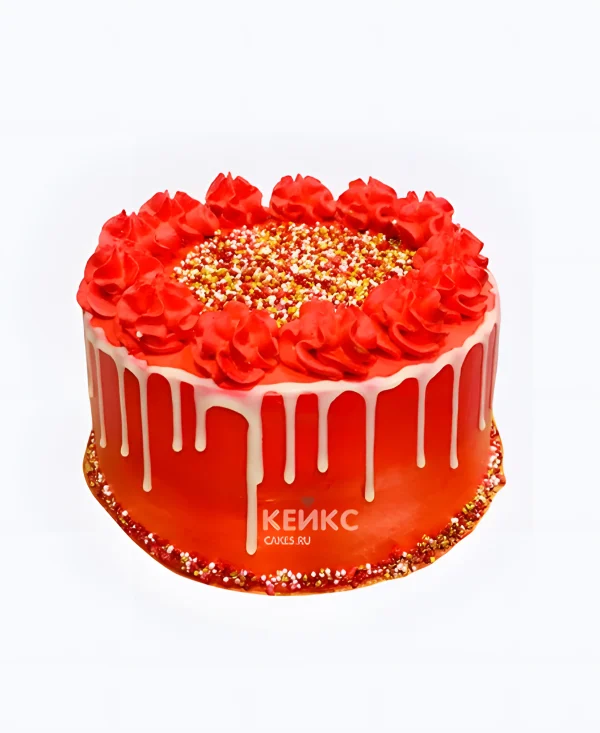 Красный торт с цветами из крема Фото