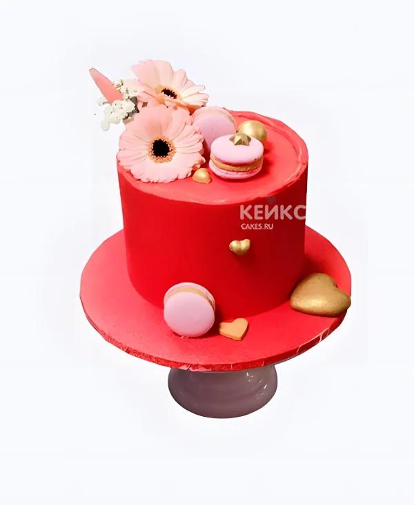 Красный велюровый торт с цветами и макарунс Фото