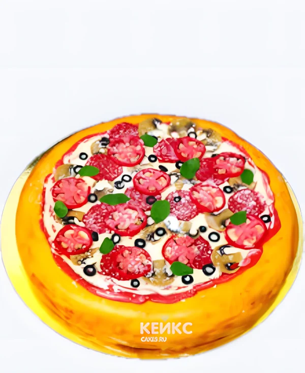 Круглый торт с пиццей из мастики Фото