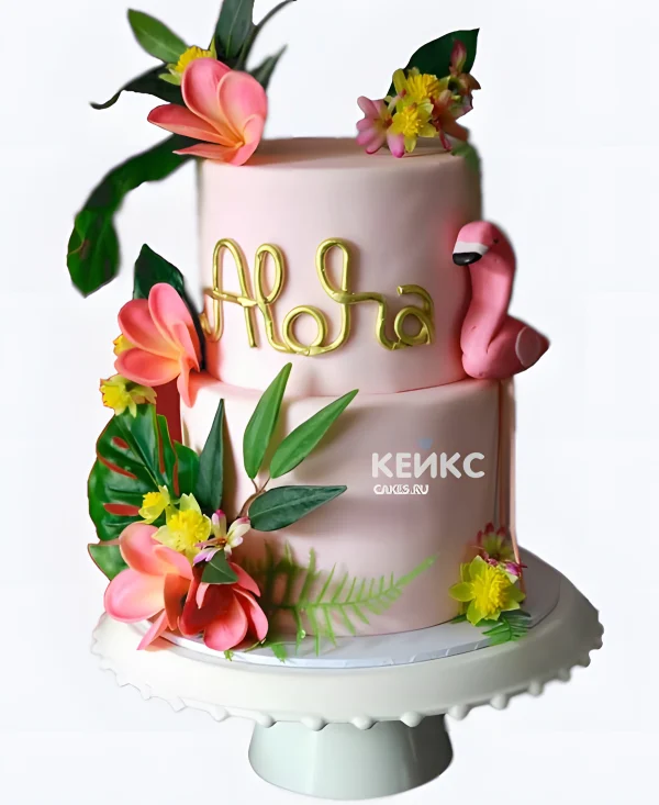 Летний розовый торт с фламинго и цветами Фото