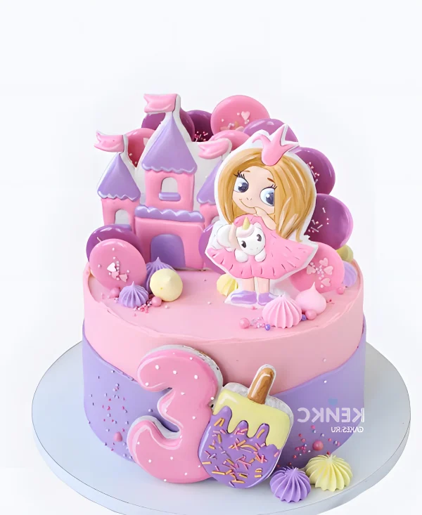 Милый торт на 3 года девочке с принцессой и замком Фото