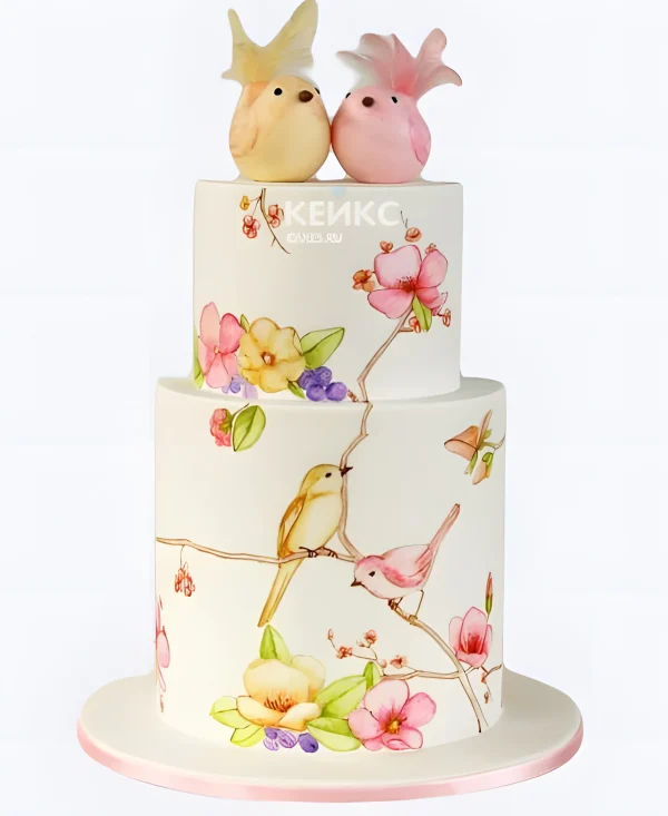 Милый торт на 8 марта с птичками Фото