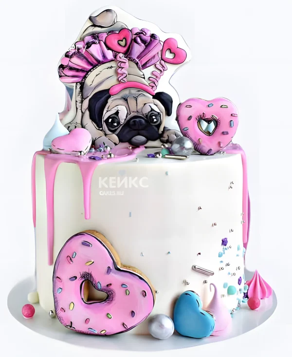 Милый торт с мопсом и сердечками Фото