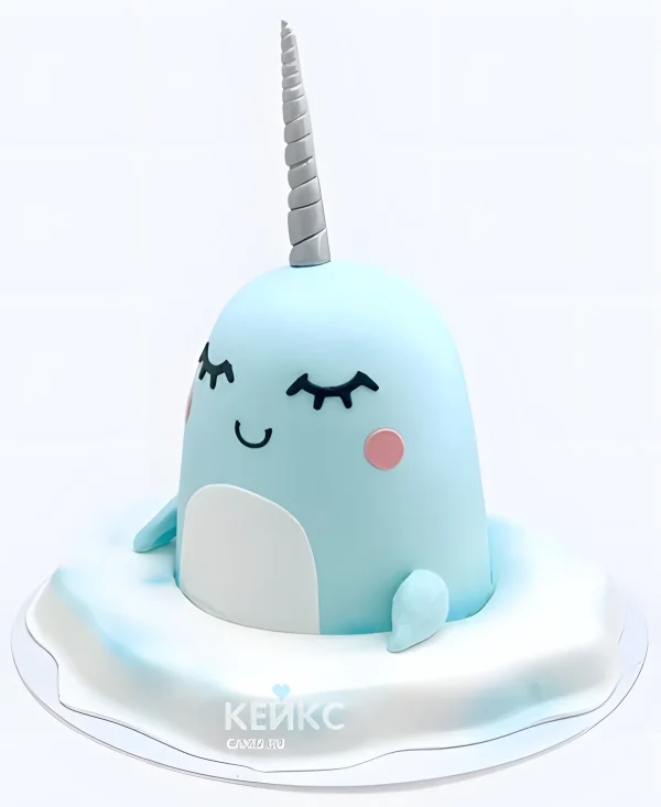 Нежно-голубой 3D торт с рогом единорога Фото