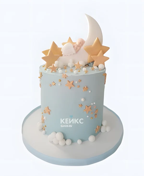 Нежно-голубой торт на выписку с полумесяцем и фигуркой Фото
