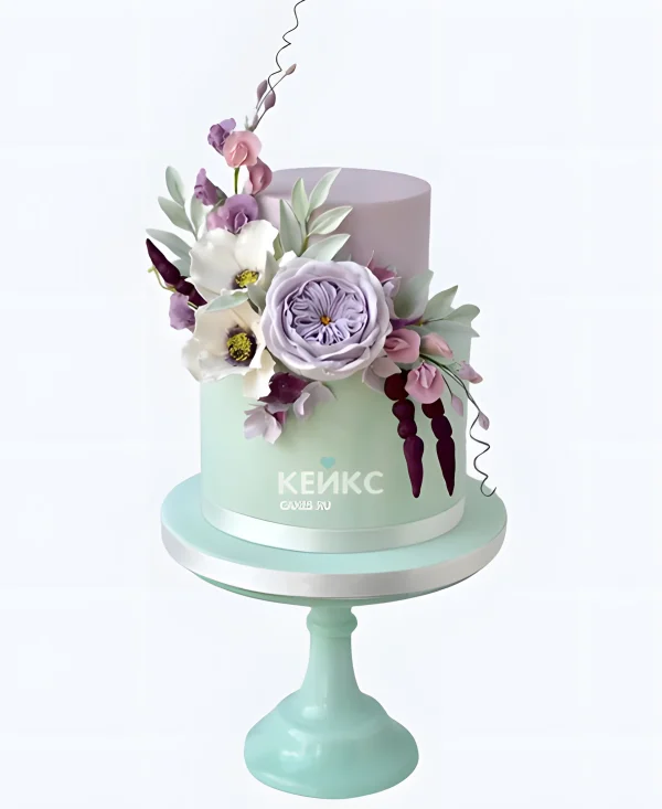 Нежно пастельный двухъярусный торт с цветами на 70 лет Фото