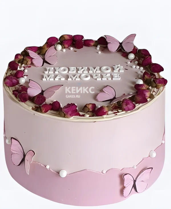 Нежно-розовый торт на 8 марта с надписью Любимой мамочке Фото