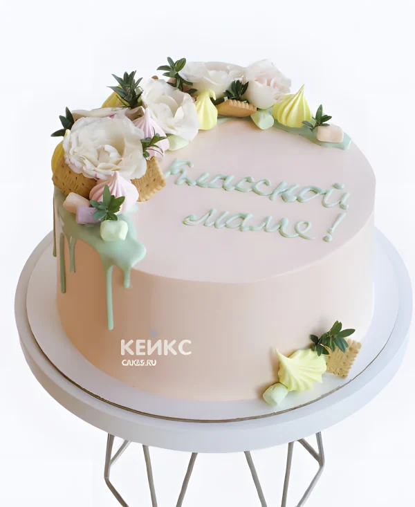 Нежно-розовый торт на последний звонок для учителя Фото