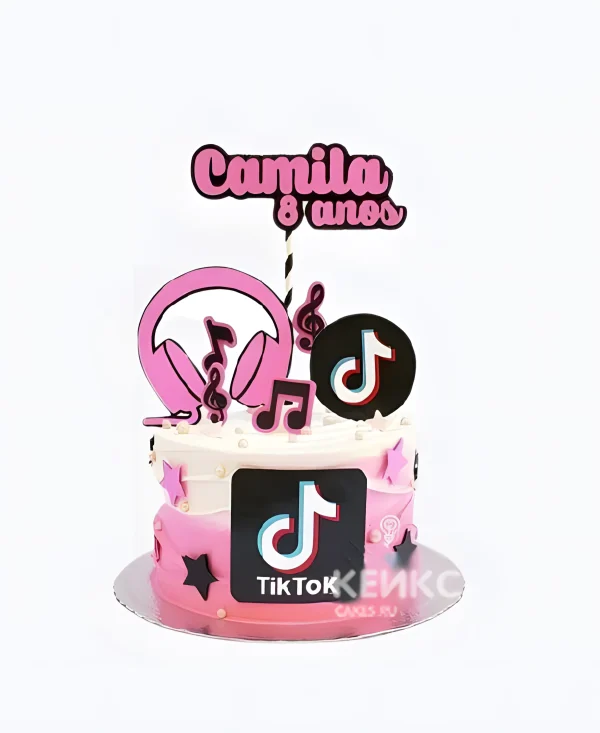 Нежно-розовый торт в стиле тик ток Фото