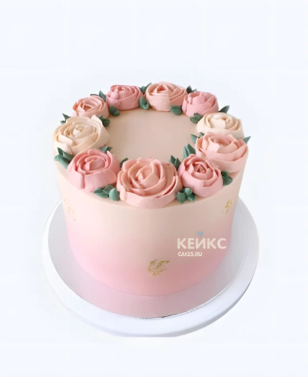 Нежно-розовый торт женщине на 65 лет с розами из крема Фото