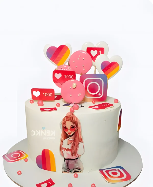 Нежный белый торт с лайками и инстаграмом Фото