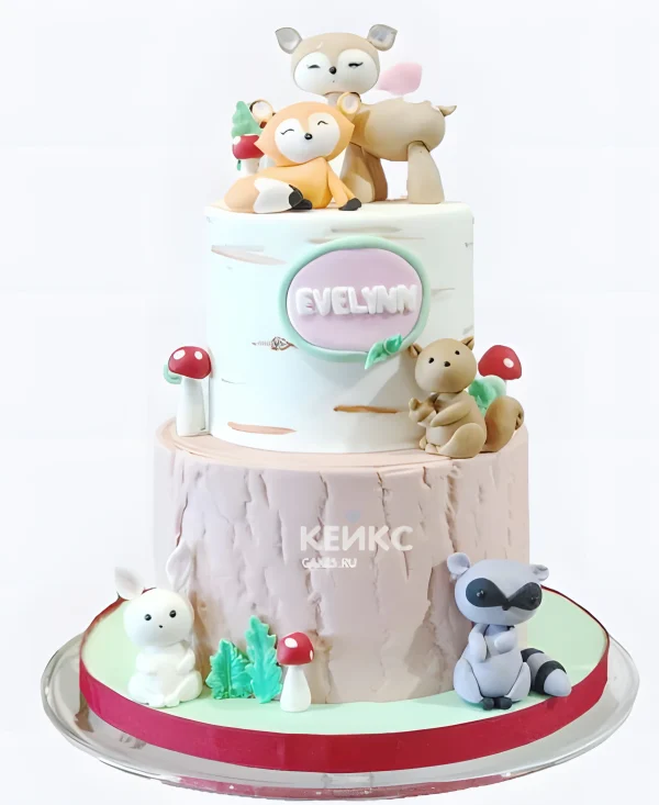 Нежный торт с лисой и фигурками животных Фото