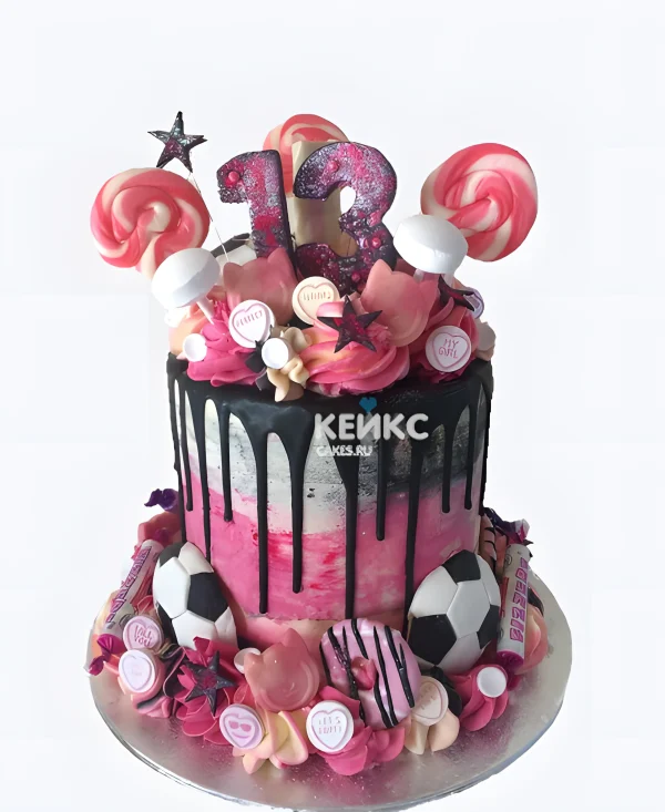 Пастельный торт на 13 лет со сладостями и цифрой Фото