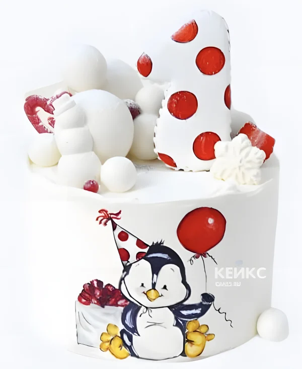 Праздничный торт с пингвином и цифрой Фото