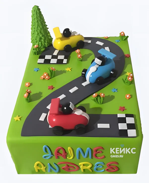 Прямоугольный торт гонки с машинками из мастики в зеленом цвете Фото